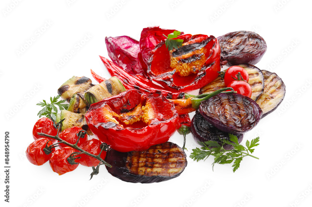 Wall mural different delicious grilled vegetables isolated on white