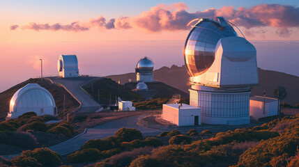 Various modern telescopes including MAGIC or Major Atmospheric Gamma Imaging Cherenkov Telescope located on hill slope at astronomical observatory on island of La Palma in Spain