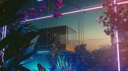 Floating glass cube home, suspended by energy beams, surrounded by neon flora, medium shot, dusk with glowing accents