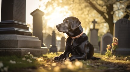 A dog lies next to a grave in a cemetery