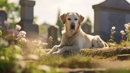 A dog lies next to a grave in a cemetery