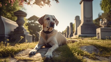 A dog lies next to a grave in a cemetery