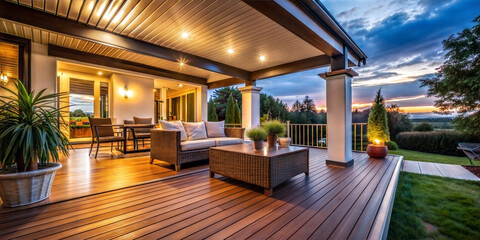 A modern patio bathed in the warm glow of string lights, inviting relaxation and conversation as the sun sets.