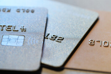 Many credit cards on table, macro view