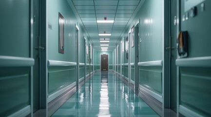 A long hallway of an empty hospital, doors on the right and left sides. Hospital, architecture and health concept.