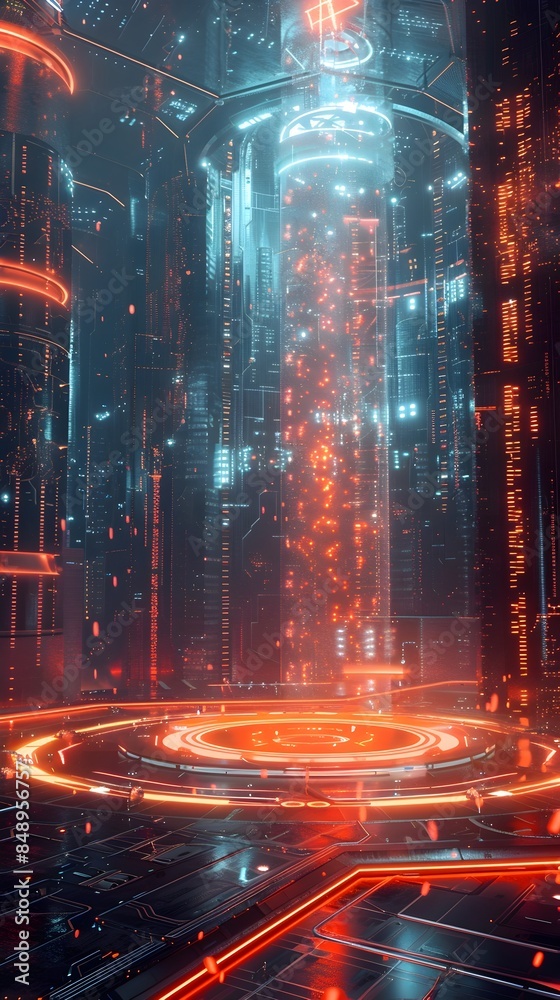 Poster glowing core in high tech cyber environment with holograms and data streams