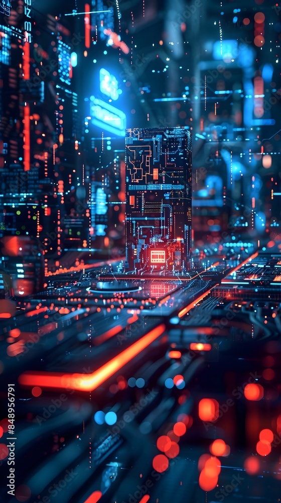 Poster glowing core in futuristic high tech environment with holograms and data streams