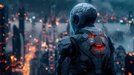Cyber Warrior in Sleek Armor Standing Against Futuristic Metropolis Backdrop