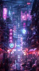 Neon Lit Alleyway Filled with Holographic Ads and Bustling Tech Savvy Individuals