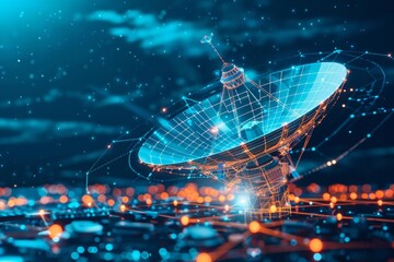 Realistic satellite dish merging with a digital communication network overlay