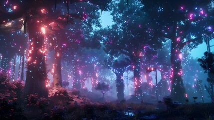 Futuristic Cyber Forest with Glowing Neon Trees and Robotic Wildlife Blending Nature and Technology