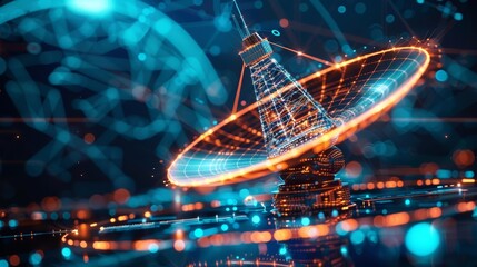 Satellite dish integrated with a digital communication network overlay, ultra-realistic rendering, dish blending with network elements, advanced tech theme, vibrant and dynamic