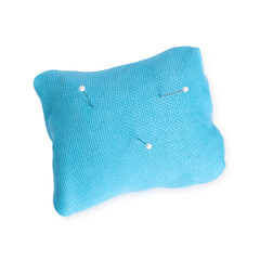 Light blue pincushion with sewing pins isolated on white, top view