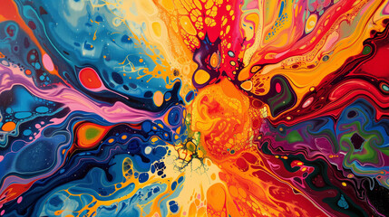 A work of abstract art that eccentrically combines creative forms with a psychedelic style. An explosion of colors and irregular shapes create a unique image.