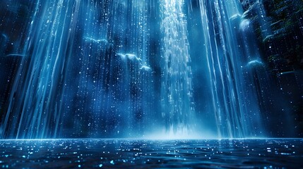 Digital Waterfall in Mesmerizing Virtual Landscape with Shimmering Glowing Pixels