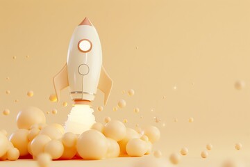 3d, rocket, beige background cute