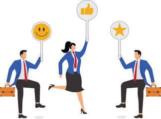 Social media customer feedback review, employee satisfaction, positive feedback on online ranking, giving high score rating, like or happy opinion concept, people carry social feedback elements