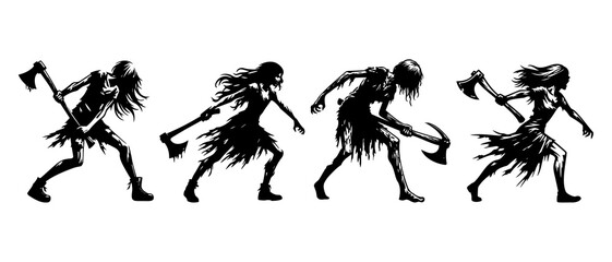 Witch, vampire, demon, creepy and spooky elements. Scary zombie woman with axe silhouette black filled vector Illustration icon