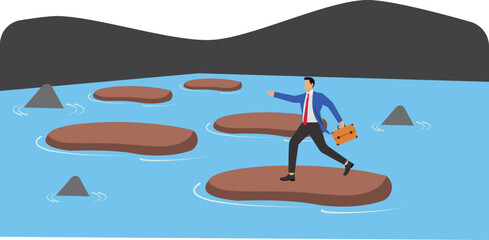 tepping stones to success, progress or milestone pathway to achieve target, small step to overcome difficulty, development stages concept, confidence businessman stepping on stones across ocean