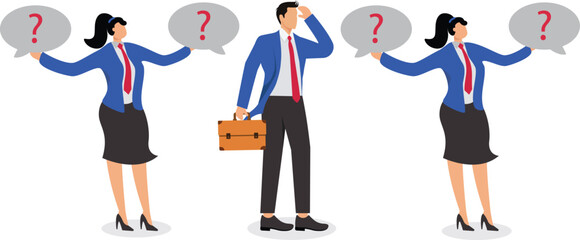 Ask questions for help or solution, confusion, doubt or query for answer and information, business discussion to solve problem concept, business people employee ask questions with question mark signs