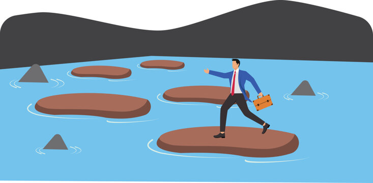 tepping stones to success, progress or milestone pathway to achieve target, small step to overcome difficulty, development stages concept, confidence businessman stepping on stones across ocean