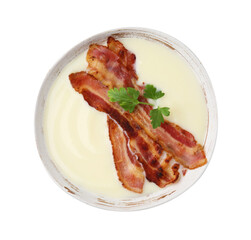 Delicious potato soup with bacon and parsley isolated on white, top view