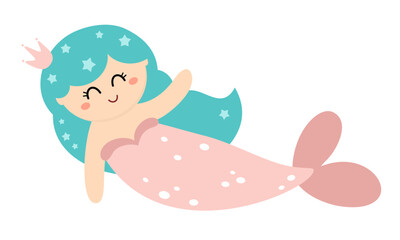 Mermaid clipart in cartoon flat style. Ocean clipart. Nautical hand drawn vector illustration.