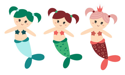 Mermaid clipart in cartoon flat style. Ocean clipart. Nautical hand drawn vector illustration.