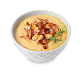 Delicious lentil soup with bacon and croutons isolated on white