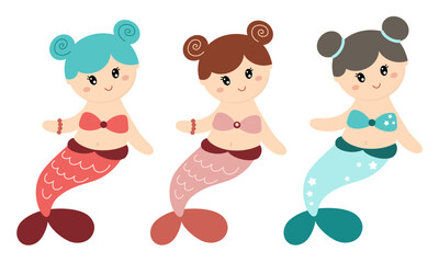 Mermaid clipart in cartoon flat style. Ocean clipart. Nautical hand drawn vector illustration.