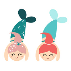 Mermaid clipart in cartoon flat style. Ocean clipart. Nautical hand drawn vector illustration.