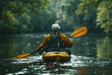 Elderly Man Kayaking on Serene River