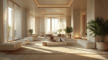 Elegant Minimalist Lounge with Natural Light and Greenery Accent