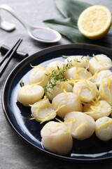 Raw scallops with thyme and lemon zest on grey marble table, closeup