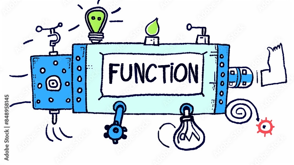 Poster illustration depicting the concept of functions in programming, featuring a machine with cogs and wh