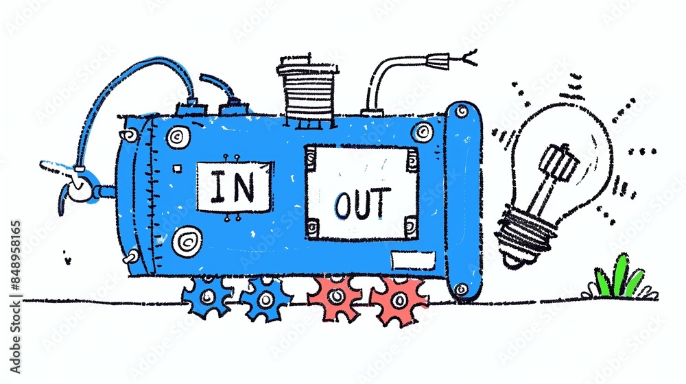 Poster illustration depicting the concept of function in programming, featuring a machine with cogs and whe
