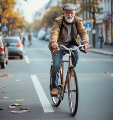 Elderly Man Cycling on City Street