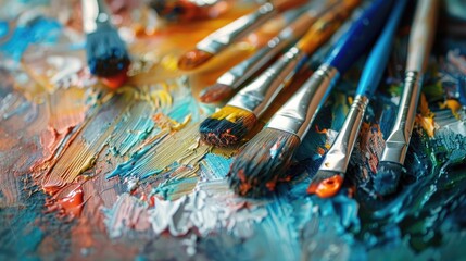 Fototapeta premium Close up view of assorted brushes on glass acrylic paint tubes on pallet
