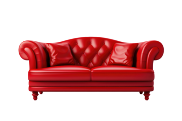 Crimson Comfort: A Bold Red Leather Couch in a Minimalist Space on a Clear PNG or White Background.