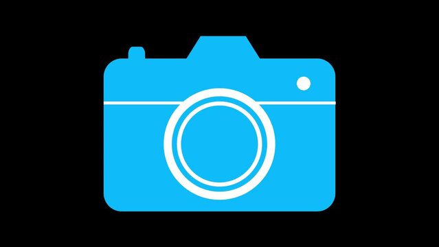 A camera icon animated concept on black background.