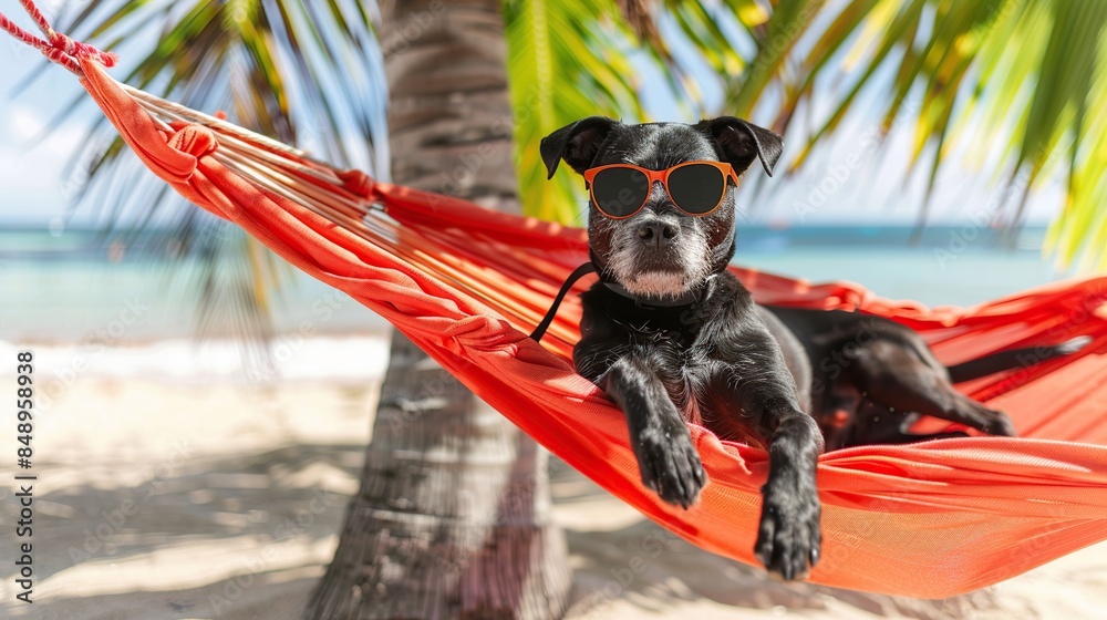 Canvas Prints Dog Relaxing in a Hammock on the Beach