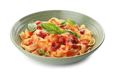 Delicious pasta with tomato sauce and basil in bowl isolated on white