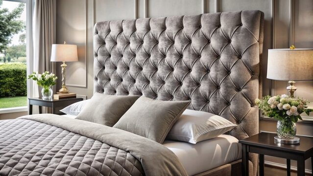Exquisite quilted headboard showcasing intricate textures, soft plush velvet fabric and structured quilted patterns in a harmonious blend of style and sophistication.