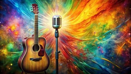Vibrant abstract backdrop sets the stage for a solitary microphone and guitar, evoking a sense of musical performance, energy, and creative expression.