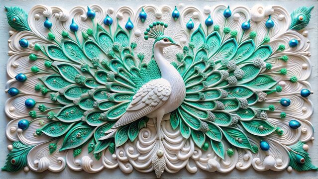 Intricately carved white bas-relief peacock sculpture with vibrant turquoise and emerald green plumage, set against a flawless white background, exuding elegance.