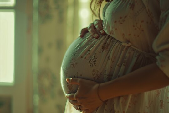 Pregnant woman touching her belly. Ai generative