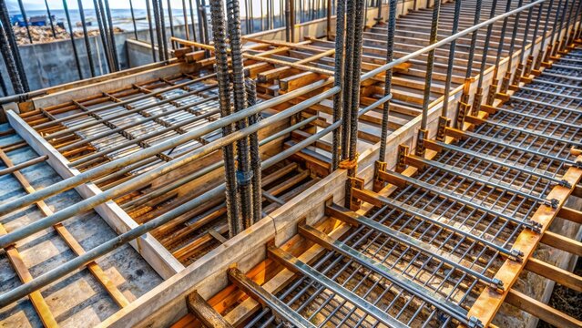 Metal support system for pouring concrete on stairs in close-up, showcasing sturdy frames and rebar reinforcements for a safe and durable construction process.