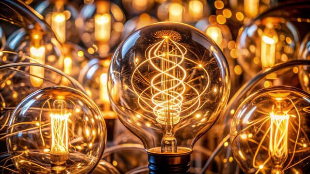 Glowing swirls artistic closeup shot of light bulb interior capturing swirling filaments as soft warm light emits in mesmerizing abstract dance.