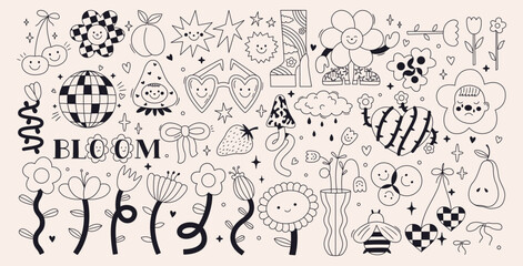 Set of naive retro doodles in black color. Cute line flowers, hearts, strawberry, cherry, smiling faces. Abstract groovy and 70s disco party outline drawings. Funky vector elements for card, poster