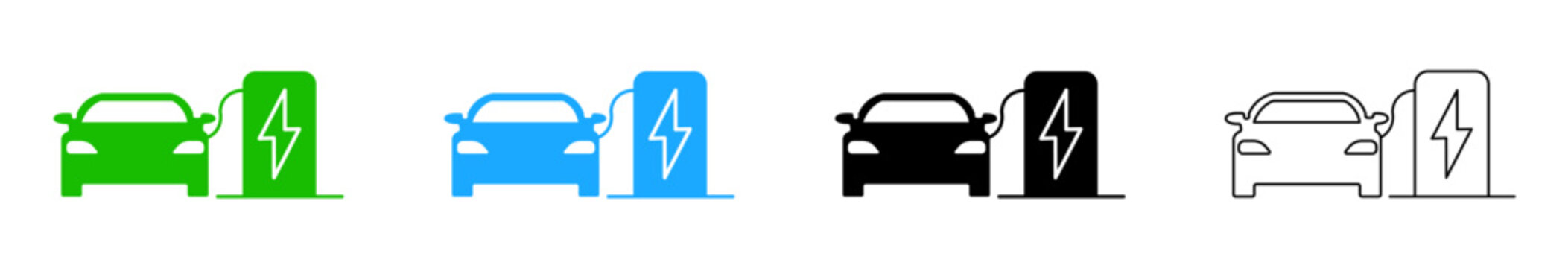 Electric car icon set. Charging station for electric cars. Automatic battery charger. An electric car stands near a charging station icon vector eps10